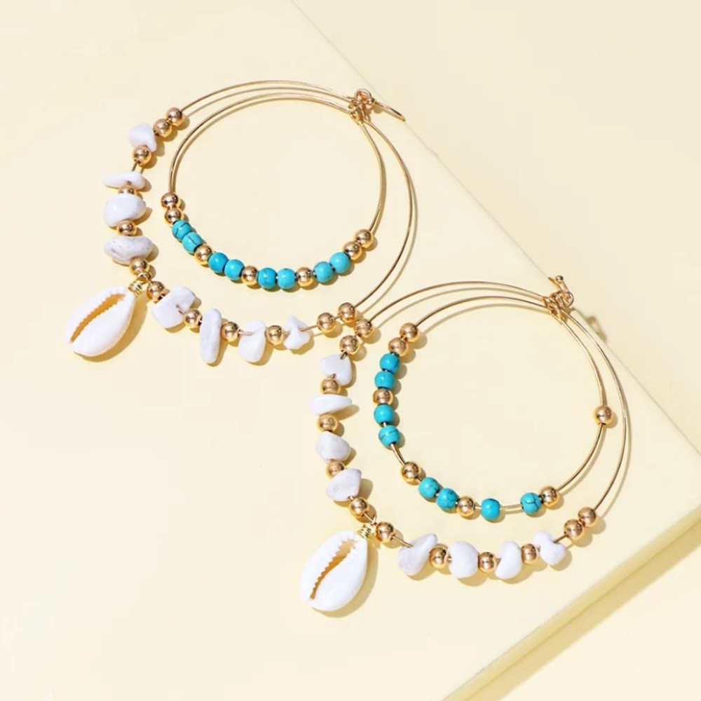 SOLD OUT Turquoise Stone Beaded Cowrie Shell Hoop Earrings - Picture 2 of 4
